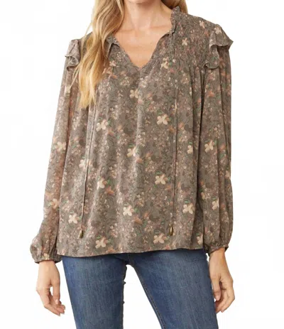 Entro Ruffle & Floral Blouse In Charcoal In Brown