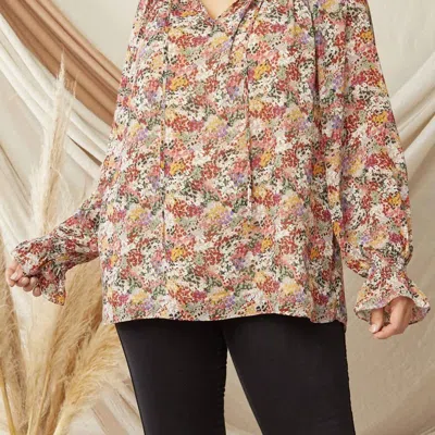 Entro Ruffle Detail V Neckline Blouse In Watercolor Floral Print In Brown