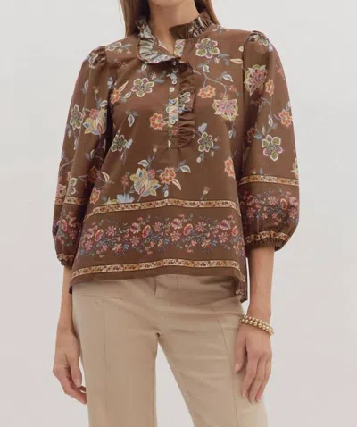 Entro Ruffle Neck Shirt In Brown/pink Floral