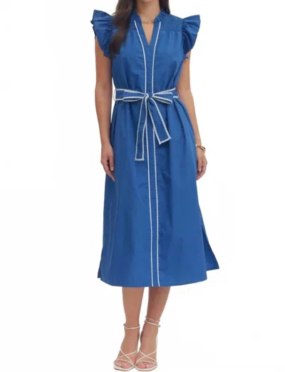 Entro Ruffle Sleeve Midi Dress In Blue/ White