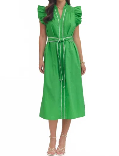 Entro Ruffle Sleeve Midi Dress In Green/white In Multi