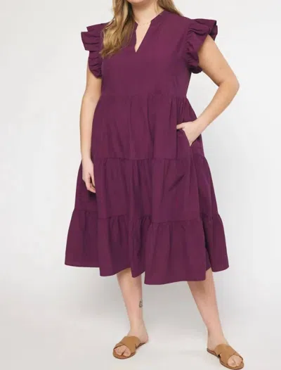 Entro Ruffle Sleeve Tiered Midi Dress - Plus In Eggplant In Beige
