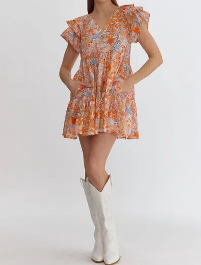 Entro Ruffle Sleeves And Pockets Floral Mini Dress In Orange Combo In Multi