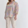ENTRO ENTRO RUFFLE V-NECK LIGHTWEIGHT TOP IN PINK MULTI
