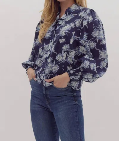 Entro Ruffled Neck Floral Top In Navy In Blue