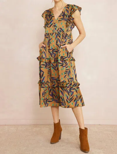Entro Ruffled Pocket Printed Dress In Camel In Yellow