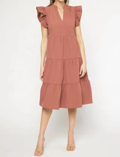 Entro Ruffled Pocket Tiered Midi Dress In Cinnamon In Brown