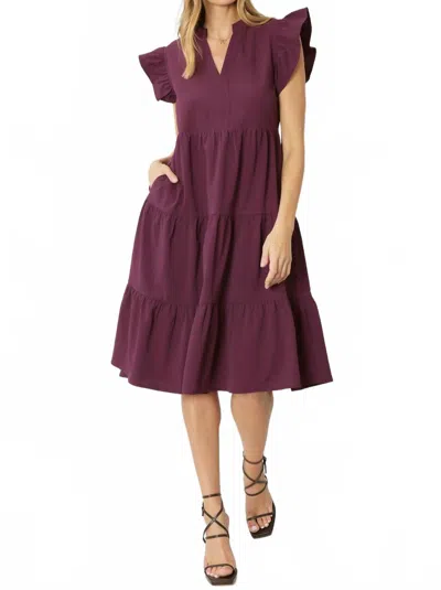 Entro Ruffled Pocket Tiered Midi Dress In Eggplant In Burgundy