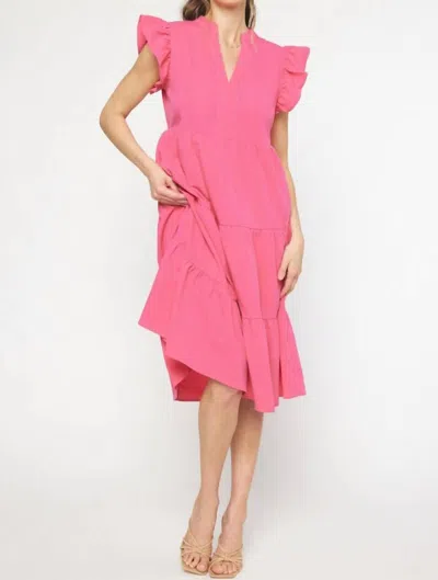 Entro Ruffled Pocket Tiered Midi Dress In Hot Pink