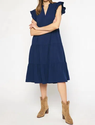 Entro Ruffled Pocket Tiered Midi Dress In Navy In Blue