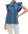 Entro Ruffled Romance Top In Light Denim In Blue