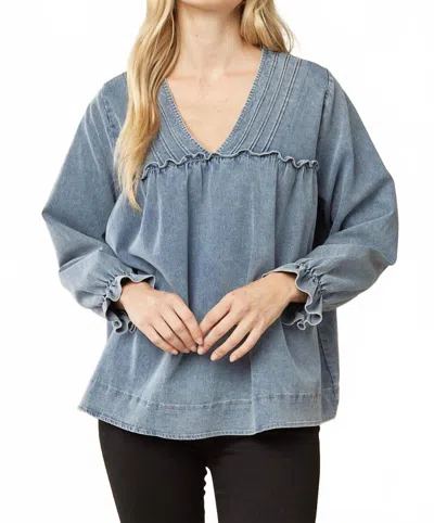 Entro Ruffled V-neck Top In Denim In Blue