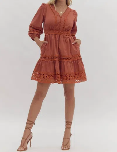 Entro Rust Lace Inset Smocked Waist Short Dress In Brown
