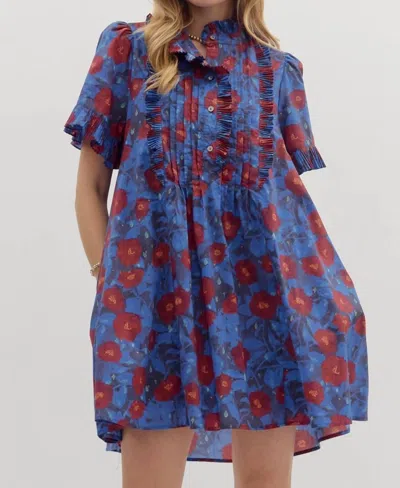Entro Crimson And Cobalt Floral Pintuck Mini Dress In Blue Multi