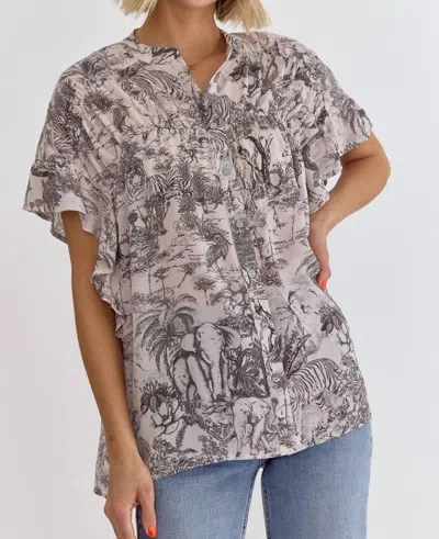 Entro Safari Print Top In Charcoal In Pink