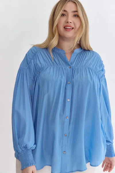 Entro Sara Curve Pleated Detail Button Up Blouse In French Blue In Multi