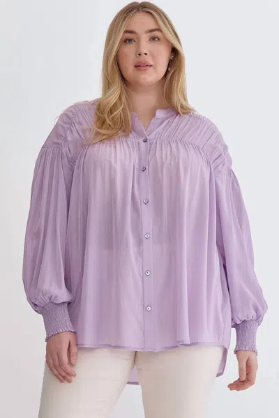Entro Sara Curve Pleated Detail Button Up Blouse In Lavender In Purple