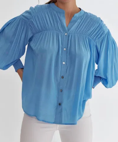 Entro Sara Curve Pleated Detail Button Up Blouse In French Blue In Multi