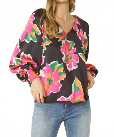 Entro Satin Floral Blouse In Black Mix In Multi