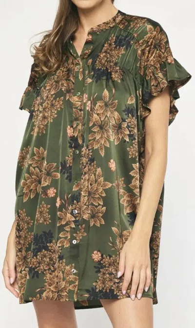 Entro Satin Print Dress In Olive In Green