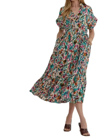 Entro Satin V-neck Collared Midi Dress In Ivory In Multi