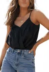 Entro Satin Wrap Bodysuit In Black In Black
