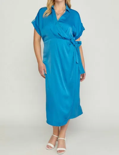 Entro Satin Wrap Dress In Royal Blue