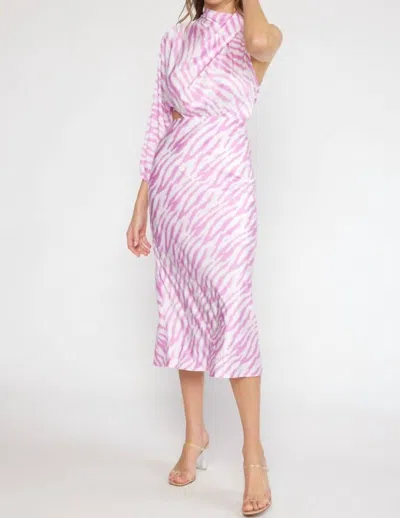 Entro Satin Zebra One Shoulder Midi Dress In Pink