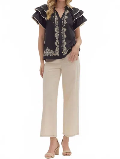 Entro Scalloped Flutter Sleeve V Neck Top In Black