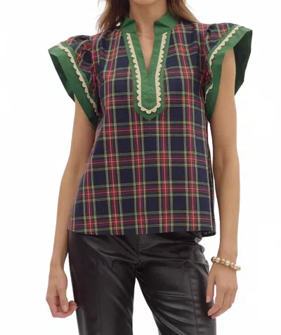 Entro Scalloped Flutter Trimmed Top In Navy In Blue