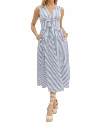 Entro Searsucker Stripe Dress W/bows In White/blue
