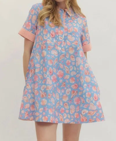 Entro Seashell Printed Mini Dress In Blue/ Pink