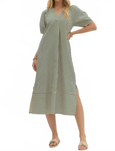 Entro Seersucker Midi Dress In Green, White