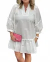 Entro Selena V-neck 3/4-sleeve Mini Dress With Scallop Trim In White In White