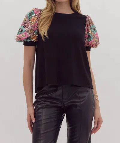 Entro Sequin Puff Sleeve Top In Black