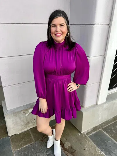 Entro Shadow Stripe Mock Neck Long Sleeve Tiered Mini Dress In Magenta In Purple