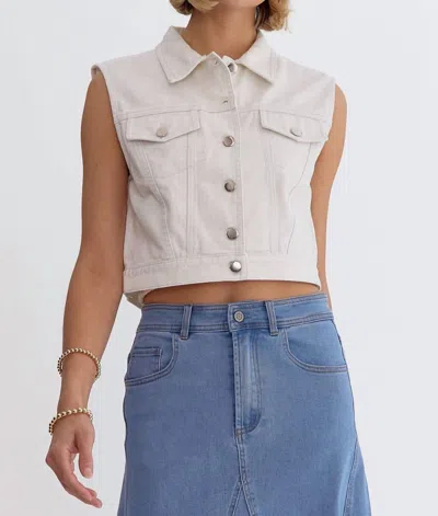 Entro Shimmered Collared Cropped Denim Vest In White