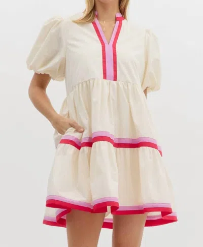Entro Short Bubble Sleeve Tiered Mini Dress In Lilac With Pink/orange In White
