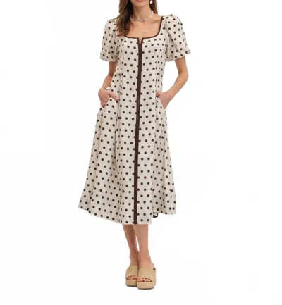 Entro Short Puff Sleeve Polka Dot Midi Dress In Espresso In Brown