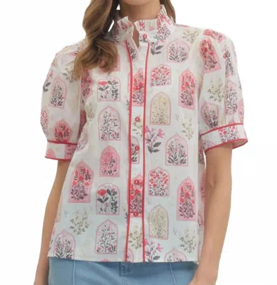 Entro Short Puff Sleeve Top In Botanical Print In White