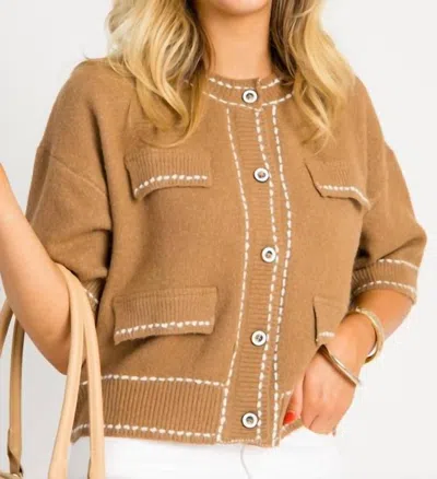 Entro Short Sleeve Button Up Sweater Top In Camel In Brown