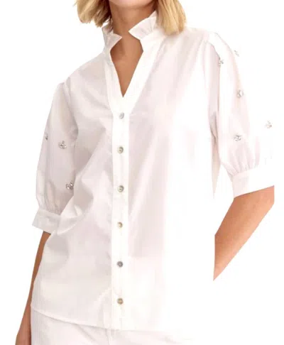 Entro Short Sleeve Embellished Button Front Shirt In White