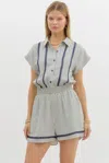 Entro Short Sleeve Pull On Romper In Navy Striped In Gray