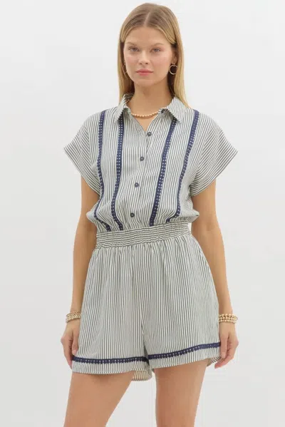 Entro Short Sleeve Pull On Romper In Navy Striped In Multi