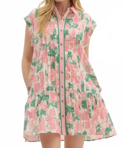 ENTRO SLEEVELESS SHIRT DRESS IN GREEN ABSTRACT