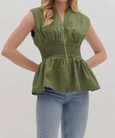 Entro Sleeveless Smocked Waist Peplum Top In Olive In Green