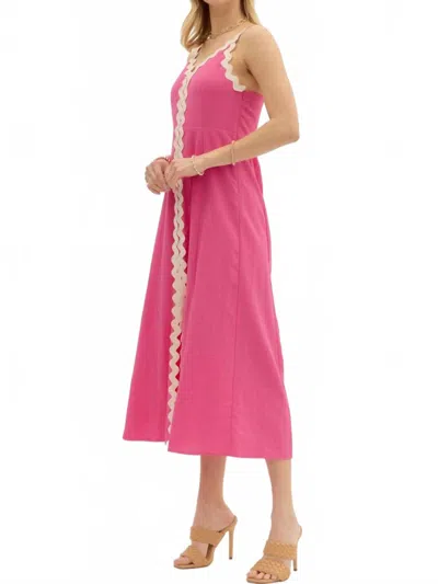 Entro Slit Hem Oversized Accented Ricrac Midi Dress In Pink In Multi