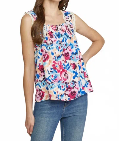 Entro Smocked & Eyelet Top In Beige Multi In Blue
