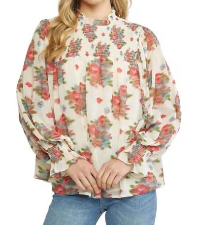 Entro Smocked Floral Blouse In Coral Mix In Neutral