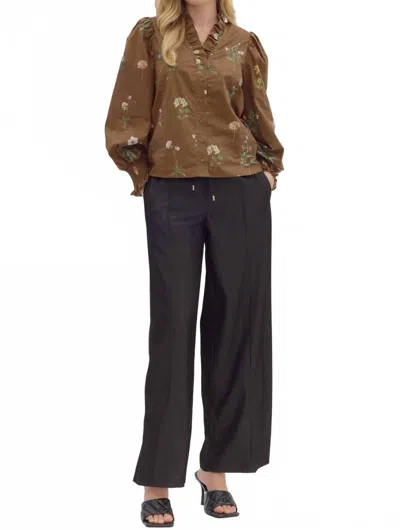 Entro Smocked Long Sleeved Floral Top In Brown